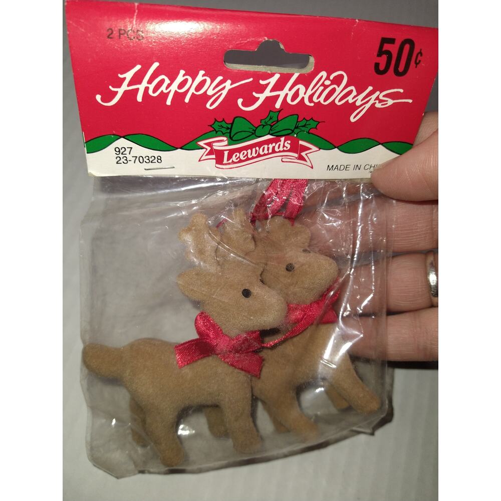 NOS Vintage Flocked Reindeer Christmas Ornaments Velvet with Red Bows set of 2